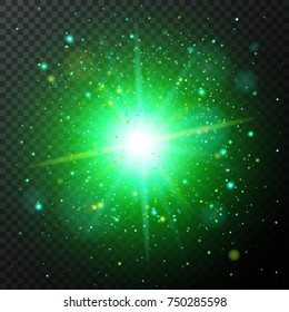 Half transparent shining bright abstract star with green particles. Magic confetti explosion. Vector illustration for your graphic design.