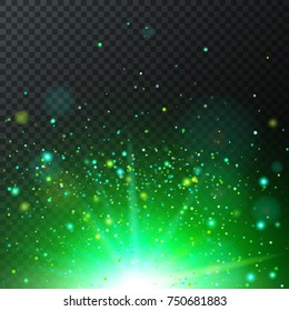 Half transparent shining bright abstract star with green particles. Magic confetti explosion. Vector illustration for your graphic design.
