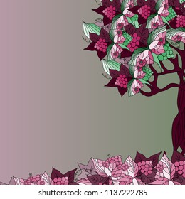 Half a tree with a leaves crown. Hand drawn illustration. Eps 10 vector.