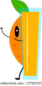 La mitad de la fruta tropical con una hoja verde salta por detrás de un vaso con jugo fresco divertido personaje de caricatura lindo sonriente concepto de bebida y objeto de vitaminas sobre un fondo blanco