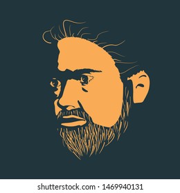 Half turn view of bearded man. Male face silhouette in contrast backlight