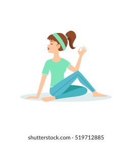 Half Twist Ardha Matsyendrasana Yoga Pose Demonstrated By The Girl Cartoon Yogi With Ponytail In Blue Sportive Clothing Vector Illustration