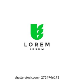 Diseño de logotipo de media letra U y tres hojas. Tres hojas al lado de la mitad de la letra U diseño de logotipo.