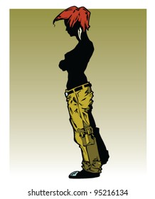 Half undressed comic woman from side view