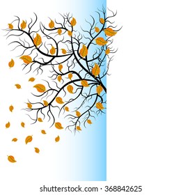 Half view of bright pretty color vector graphic illustration of autumn beautiful growing black tree with yellow orange leaves on white background