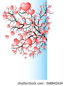 Half view of bright pretty color vector graphic illustration of Valentine day love holiday with symbol of beautiful heart shape growing on black tree on white background