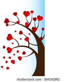 Half view of bright pretty color vector graphic illustration of Valentine day love holiday with symbol of beautiful heart shape growing on black tree on white background
