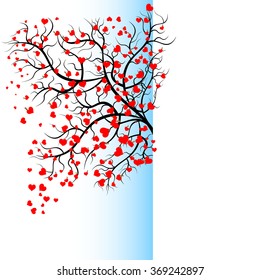 Half view of bright pretty color vector graphic illustration of Valentine day love holiday with symbol of beautiful heart shape growing on black tree on white background