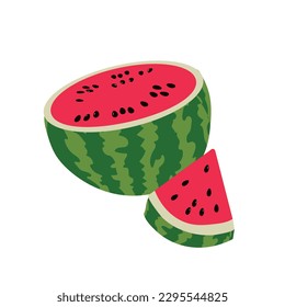 Half a watermelon and a juicy slice of watermelon. Vector illustration isolated on a white background.