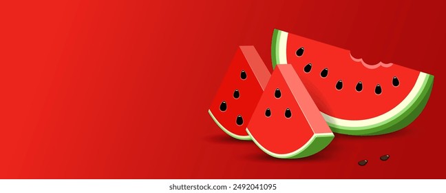 Half a watermelon and juicy slices with seeds, isolated on a red background. Realistic illustration of triangular watermelon slices. Vector piece watermelon.