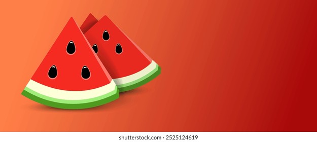 Half a watermelon and juicy slices with seeds, isolated on a red background. Realistic illustration of triangular watermelon slices. Vector piece watermelon.