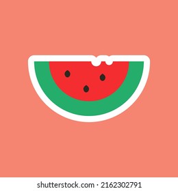 Half of a watermelon on a pink background. Summer sticker illustration in cartoon style