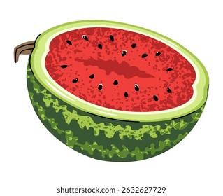 Half watermelon on white background. Flat design fresh fruit slice. For stickers, logo design, food packaging, summer branding. Vector illustration
