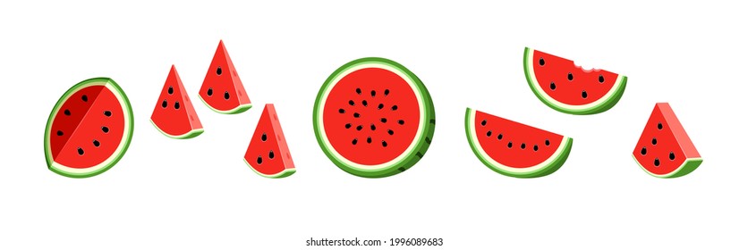 Half watermelon with seeds. Set flat icon watermelon slice. isolated on a white background. Vector illustration sliced water melon.