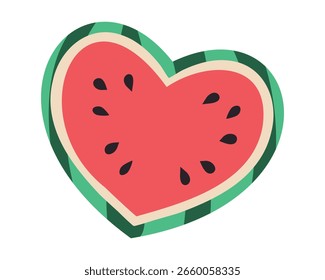 La mitad de la sandía en forma de corazón. Pedazo de fruta fresca rayada del verano con las semillas, pulpa jugosa. Alimentación saludable con amor, vitaminas. Aislado. Diseño plano y simple. Doodle. Ilustración vectorial de color