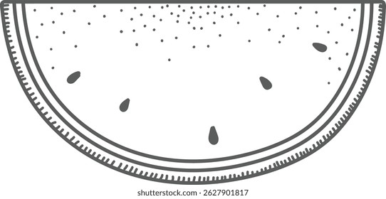 A half watermelon slice with seeds in a clean line drawing. The fruit is depicted with a minimalist style and dotted texture. Cartoon vector illustration.