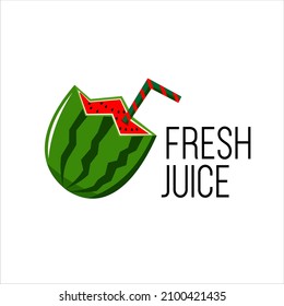 a half watermelon with straw, looks fresh with red and green colour logo vector can use for drink shop or cafe or drink branding