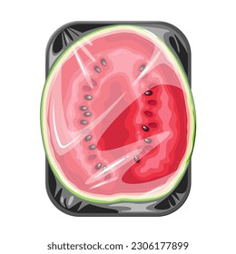 Half of watermelon in supermarket plastic tray vector illustration. Cartoon isolated red berry fruit in package with clear polyethylene film wrap, part of watermelon with seeds and peel in container