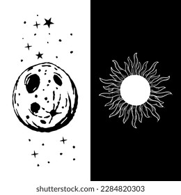 Half white background with moon and stars, and other half black background with sun.
Fashion Design, Vectors for t-shirts and endless applications.