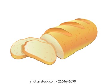 A half of white wheat bread and slices of sliced white bread on an isolated white background in a vector. Food and bakery products. Carbohydrates. White bread. Vector illustration.