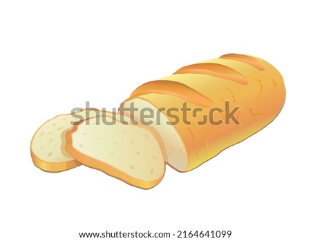 A half of white wheat bread and slices of sliced white bread on an isolated white background in a vector. Food and bakery products. Carbohydrates. White bread. Vector illustration.