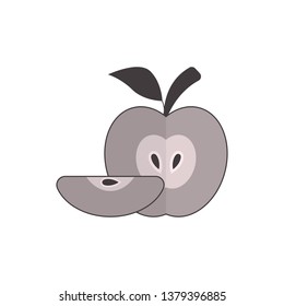 Half whole apple with a slice and seed inside. Silhouette apple icon. Fruit with branch and leaf. Vector illustration. 