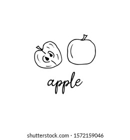 Half and a whole apple in the style of a doodle black and white illustration with an inscription. Simple vector fruit. Logo or icon. Vitamin