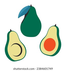 Half and whole avocado vector cartoon set isolated on a white background.