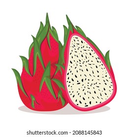 media y entera fruta de dragón, fruta tropical de verano, icono plano de dibujos animados
