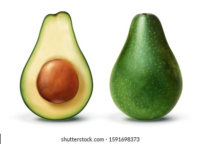 Half and whole healthy avocado in 3d illustration on white background