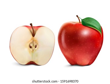 Half and whole juicy apple in 3d illustration on white background