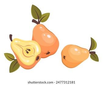 Media pera y entera aisladas sobre fondo blanco. Fruta fresca madura con hojas. Vitaminas orgánicas. Nutrición saludable. Ilustración vectorial para un estilo de vida saludable y una buena nutrición