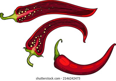 Half and whole pepper chilli , mexican food, spicy ripe red, half pod, top view