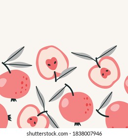 Half and whole pink apple background  with grey leaves. Apple background elements on a beige background. Colorful background pattern for textile, fabric, paper. Vegan food pattern. 