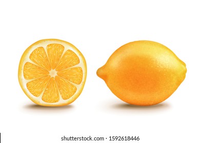 Half and whole yellow lemon in 3d illustration on white background