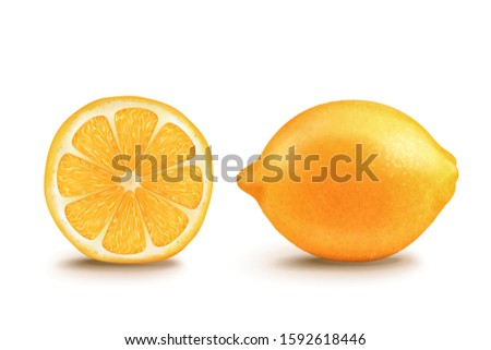 Half and whole yellow lemon in 3d illustration on white background