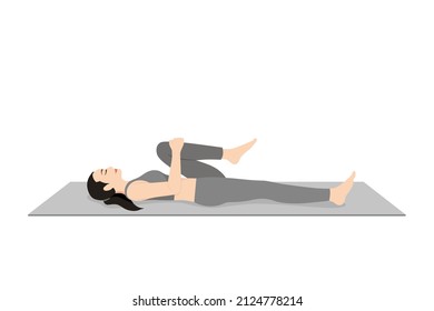 Half Wind Release Pose. Beautiful girl practice Ardha Pavan Muktasana. Young attractive woman practicing yoga exercise. working out, black wearing sportswear, grey pants and top, indoor full length