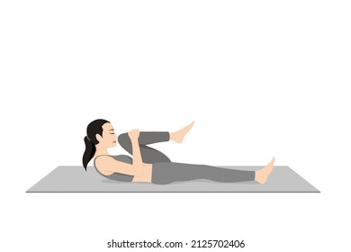 Half Wind Release Pose Nose To Knee. Beautiful girl practice Ardha Pavan Muktasana Nose To Knee. Young attractive woman practicing yoga exercise. working out, black wearing sportswear, grey pants