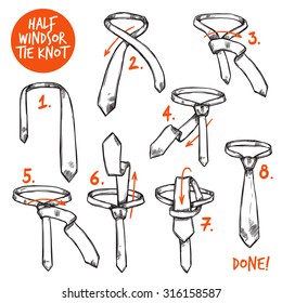 Half windsor knot tie making instructions sketch isolated vector illustration