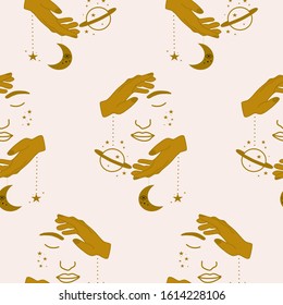 half woman face, golden hands and celestial elements in a seamless pattern design, perfect to use on the web or in print