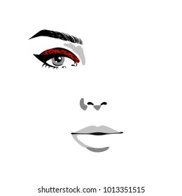 Half of Woman face with red glitter make up vector illustration. Hand drawing Vector watercolor illustration isolated on white background