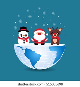 half of the world with inside Christmas deer snowman and Santa Claus on blue