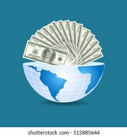 half of the world to the inside full of dollars bills money on blue