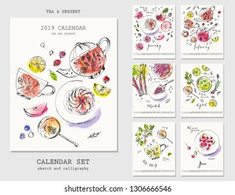 Half year calendar with ink calligraphy and watercolor sketches of seasonal dessert. Fruit, berries, cakes, rhubarb pie, jam, tart, macaroon, marshmallow, lemonade, tea.