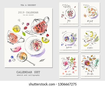 Half year calendar with ink calligraphy and watercolor seasonal dessert sketch drawings. Fruit, berries, cake, tart, spicy pear, lemonade, tea, mulled wine.