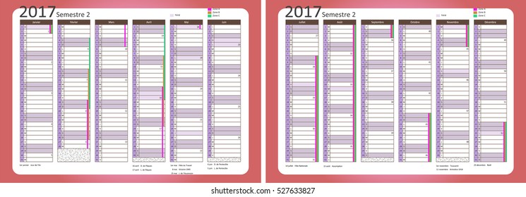 Half year French calendar with holidays and school holidays. Double-sided.