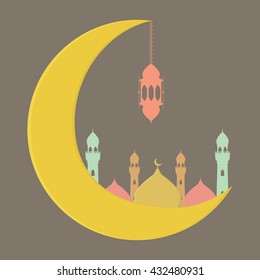 Half yellow big moon with mosque and lantern on white background. Vector illustration happy Ramadan Kareem greeting card design.