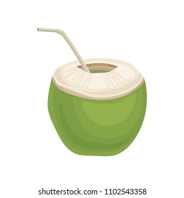 Half of young green coconuts with drinking straw. Exotic cocktail. Flat vector element for party poster or flyer