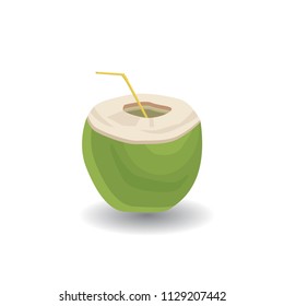 Half of young green coconuts with drinking straw. Exotic cocktail.