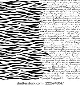 half zebra pattern the other half newspaper lettering pattern print textile fabric